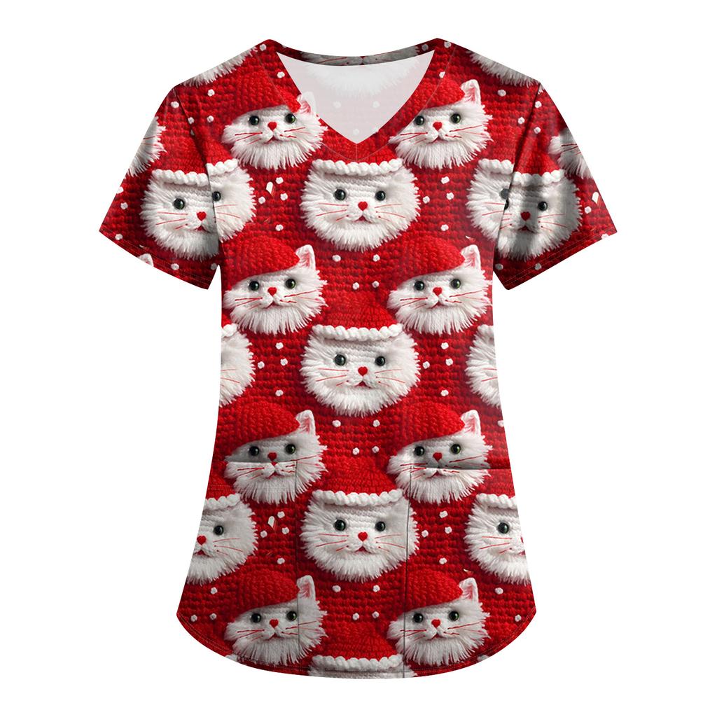Plus SizePrinted Scrub Working Uniform Tops For Women's Cross V-Neck Print Short Sleeve Fun T-Shirts Workwear Tee With Pockets