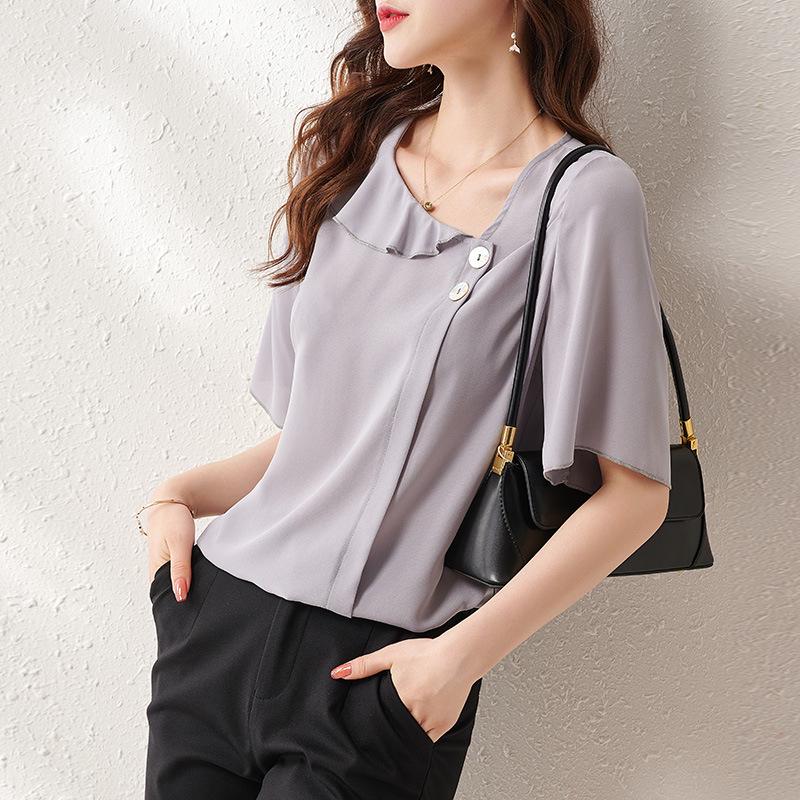 

Aiyimaiyi 2023 Летний шифоновый женский свободный топ с короткими рукавами, закрывающий живот L серый