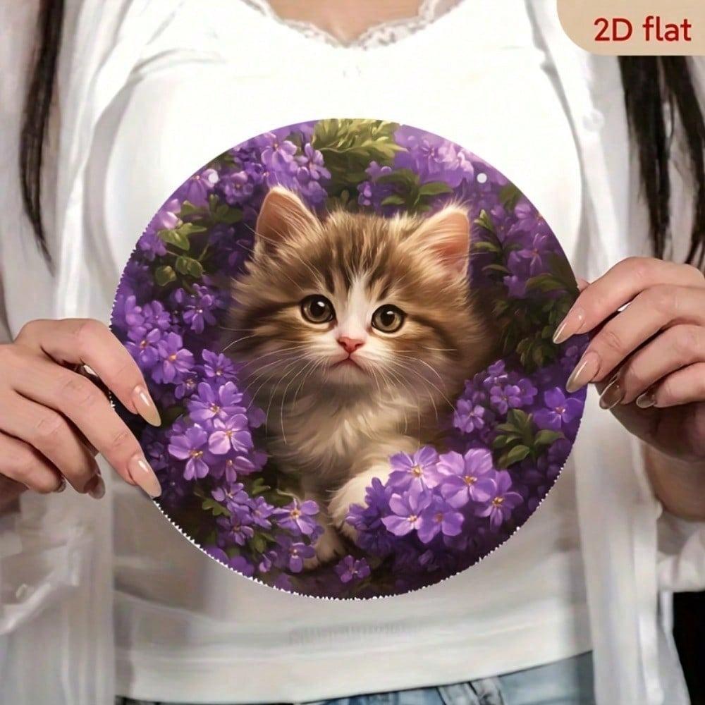 1pc Round Aluminum Metal Wall Sign Retro Kitten Purple Floral Waterproof Pet Lover Decor