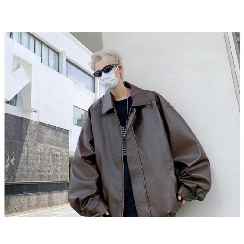 American Retro Black Leather Jacket Men's High-end Feeling Spring and Autumn Clean Fit Cool and Stylish Shoulder Pad Jacket Motorcycle Suit