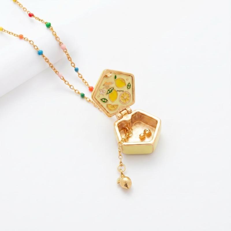 Cute Geometrically Irregular Fruit Open Box Picture Frame Pendant For Woman Fashionable Sweet Opening And Closing Box Necklace