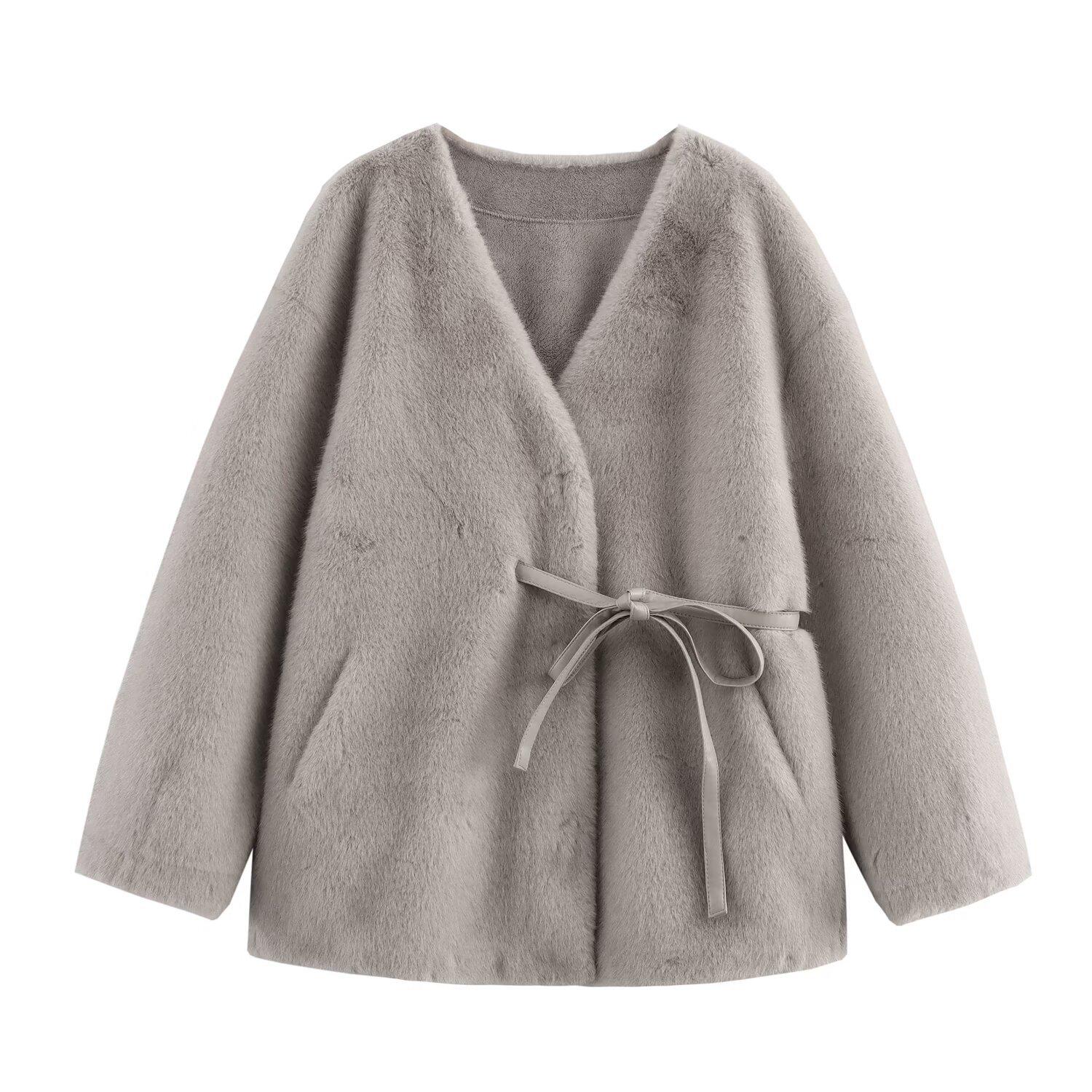 

Женская дубленка 2024 года с V-образным вырезом и завязками: Европейский и американский стиль One Size серый