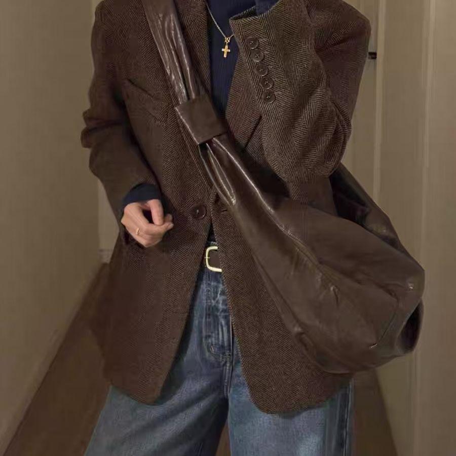 Korean Style Petite Wool Blazer Coat Elegant Herringbone Autumn Winter Jacket for Women