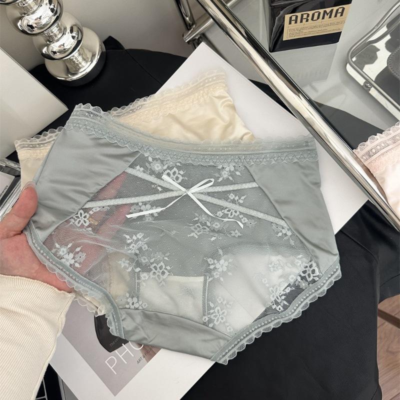 Ladies Summer Sexy Lace Bow Net Yarn Transparent Mid Waist Triangle Briefs