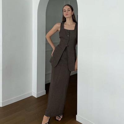 Spring Summer Slim Solid Color Cotton 2 Piece Sets Women 2025 Elegant Sleeveless Single Breasted Tank Top with High Waist Long Skirts Set