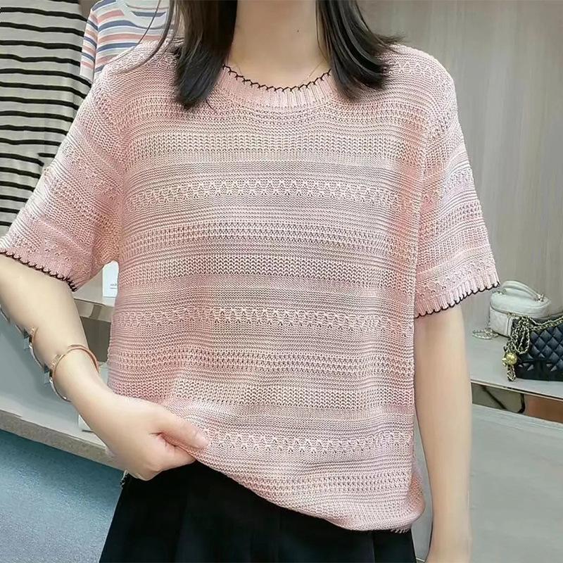 

Летняя женская вязаная футболка с круглым вырезом, однотонная, свободная, повседневная, базовая футболка, вязаная рубашка с коротким рукавом S розовый