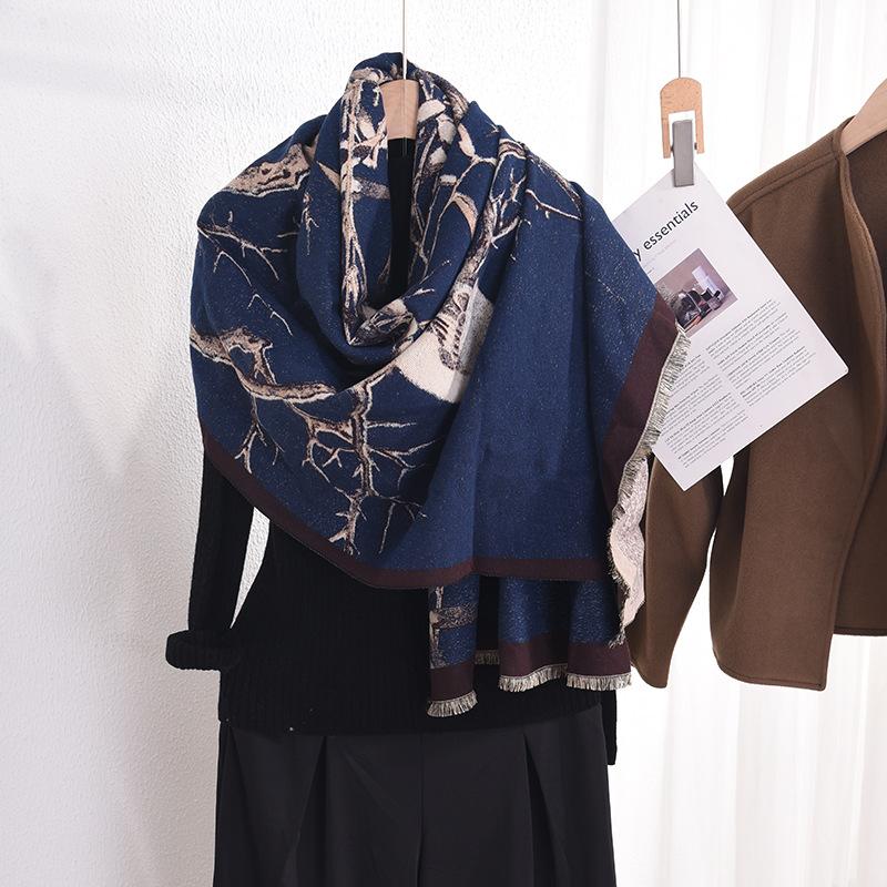 Autumn and winter literary style retro elegant branch printed scarf women's high sense fashion temperament warm shawl