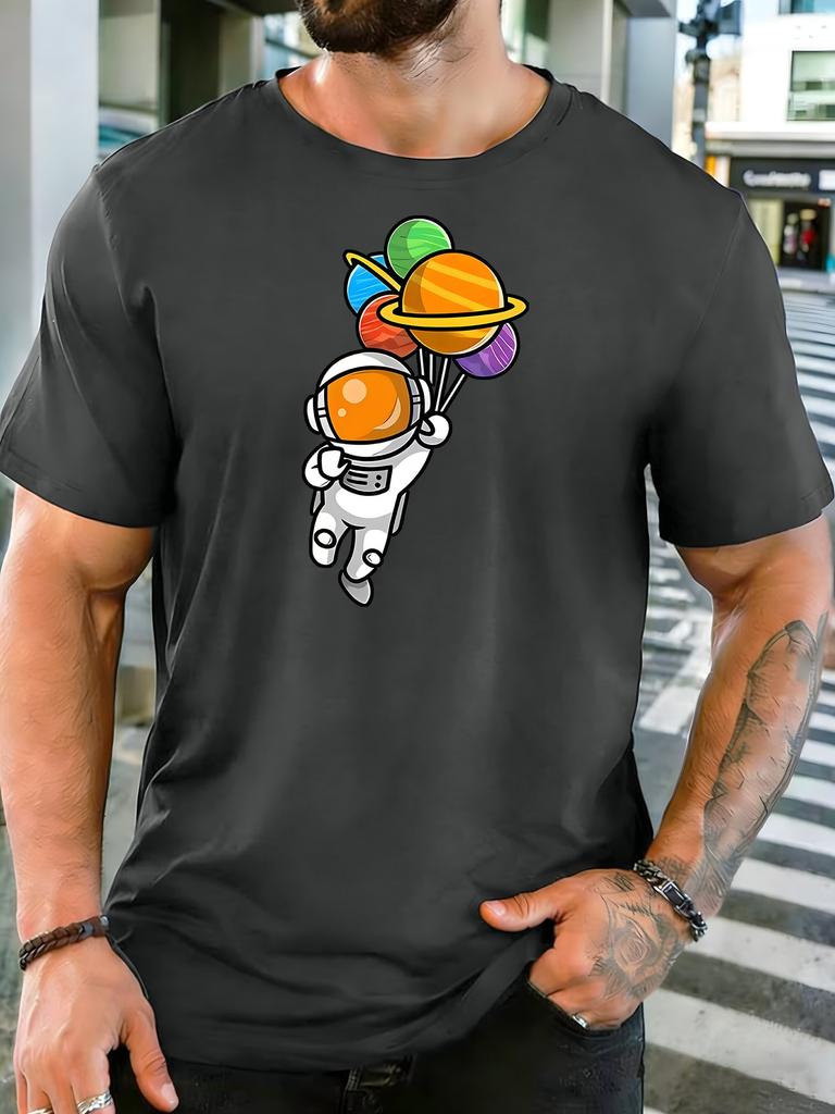 Unisex Crew Neck Tee Astronaut With Planet Balloons Cute Cartoon Print Short Sleeve Top Summer Loose Soft Casual Basic Daily Wear