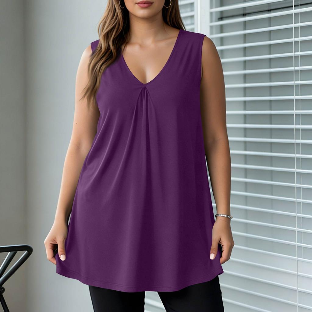Damen Plus Size Ärmelloses V-Ausschnitt Tanktop Lockere Passform Einfarbige Lässige Sommerbluse Leichter Weicher Stoff Bequem zu Tragen