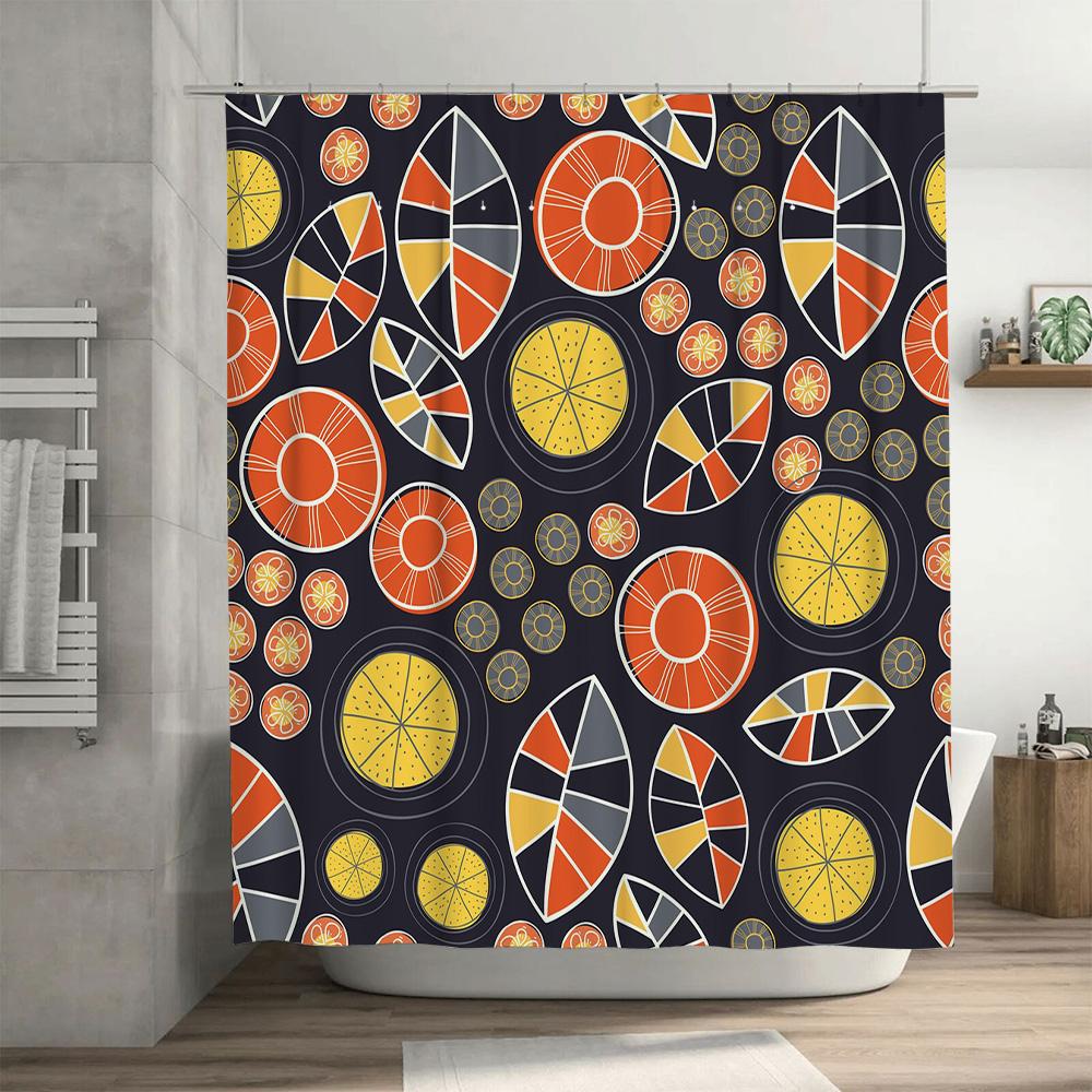 Modern Bathroom Decor Shower Curtain Trendy Orange and Black Geometric Pattern, Polyester Waterproof Bath Mat Cover for Home Dec