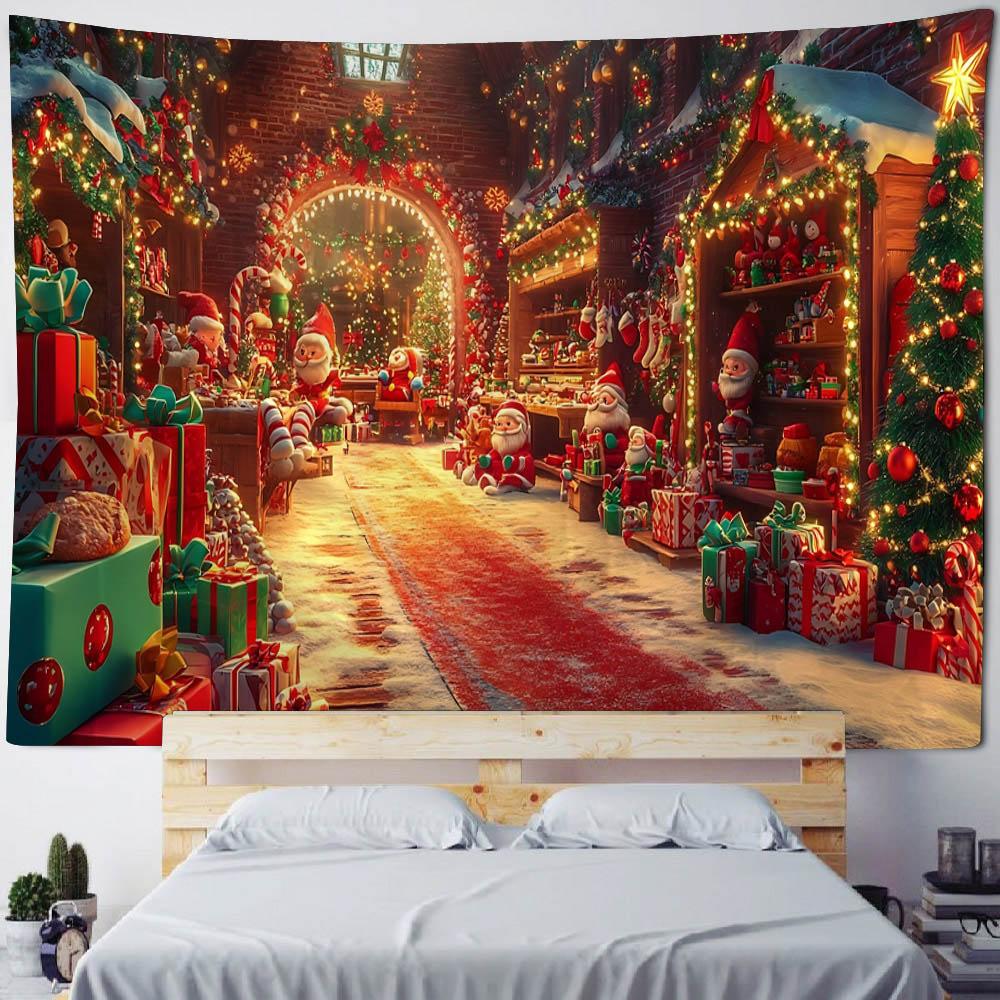 Christmas Santa Claus Workshop Tapestry Wall Hanging Festive Xmas Holiday Party Backdrop Decor for Bedroom Living Room