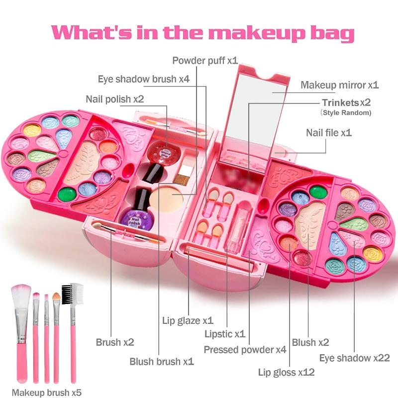 Kids Makeup Kit for Girls, 60 Pcs Little Girls Princess Toys Real Washable Pretend Play Cosmetic Beauty Makeup Set, Non-Toxic