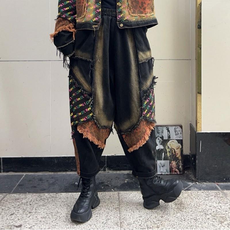 Set Vestă cu Glugă din Denim pentru Femei și Pantaloni Harem Stil Stradal Patchwork Imprimat Uzat