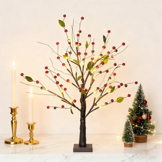 22" Berry Blossom Twinkling Tree with Lights 24 LED Lighted Branches Artificial Christmas Tabletop Bonsai Lamp for Living Room Bedroom Home Decor