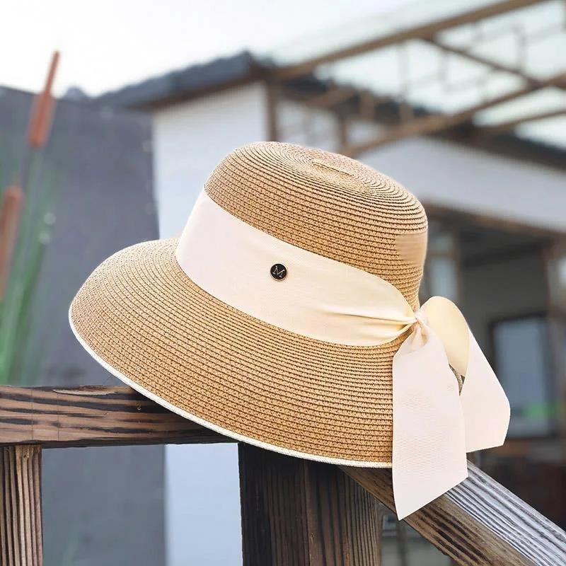 Women's French Retro Straw Sun Hat with Bow Detail - Hepburn Style Elegant Wide Brim UPF 50+ Sun Protection for Beach Vacation