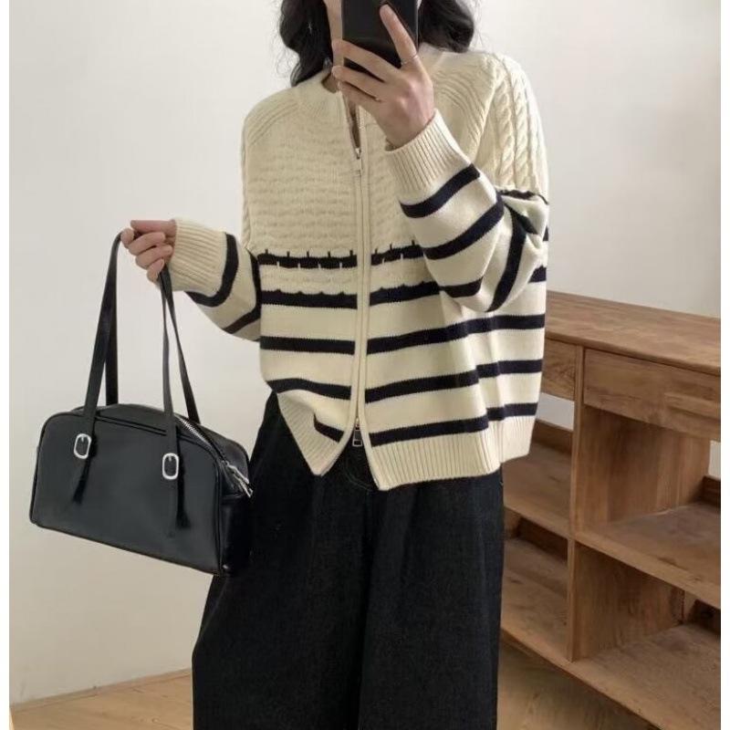 Autumn Winter Contrasting Color Striped Double Zipper Knitted Cardigan Women's Korean Loose Short Long-sleeve Sweater Coat Women
