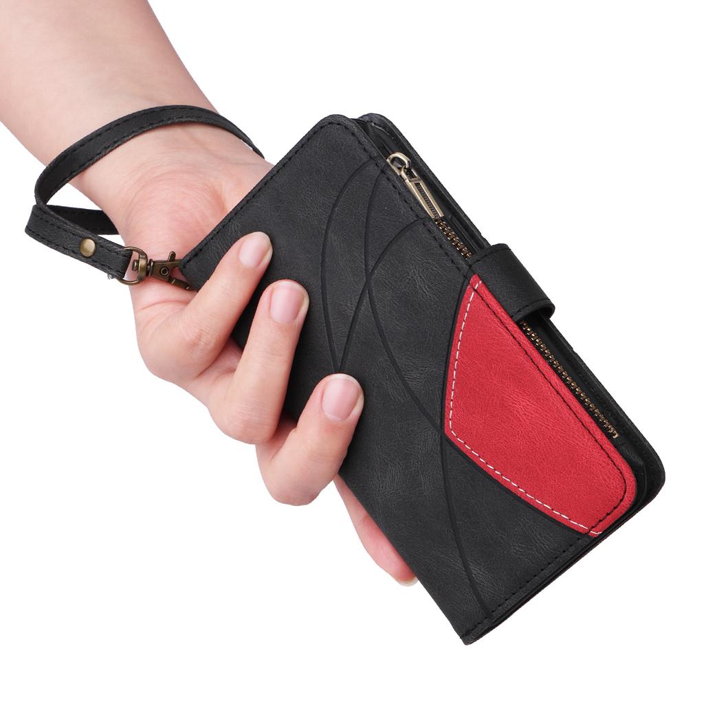 Applicable to iPhone15 mobile phone leather case 13Pro two-color splicing 9-card zipper money handbag protective case XS