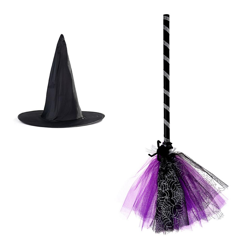 Halloween Witch Hat with Broom Set Decorative Ornament Decorative Crafts Supplies for Festival Holiday Costume Cosplay