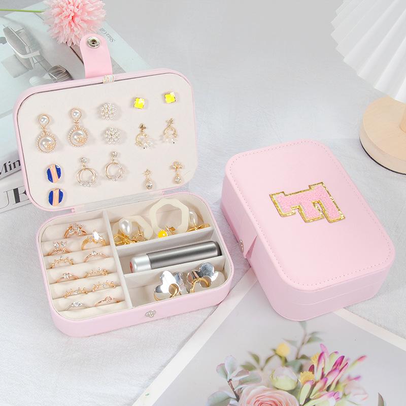 PVC Letter Leather Portable Jewelry Box Double Earrings Earrings Ring Jewelry Storage Box