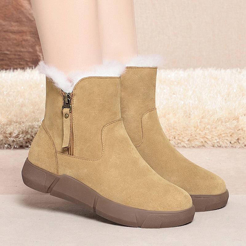 Genuine Leather Snow Boots Cold-proof Winter Boots Fur Piled Thickened Cotton Shoes Cowhide Thick-soled Non-slip Wool Integrated Short Boots Women
