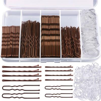 Hair Pins Kit Buns Brown U Shape Pins Hair Ties Set Easy Storage Metal Clips Hairpin Storage Box Weddings Parties Daily Wear