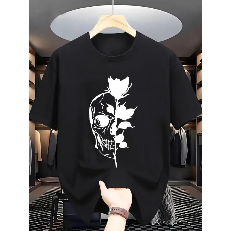 

Men S Fashion Skull and Flower Print T-Shirt, Casual Crew Neck, Slight Stretch Fabric, Regular Fit, Patterned Short Sleeve Tee S чёрный