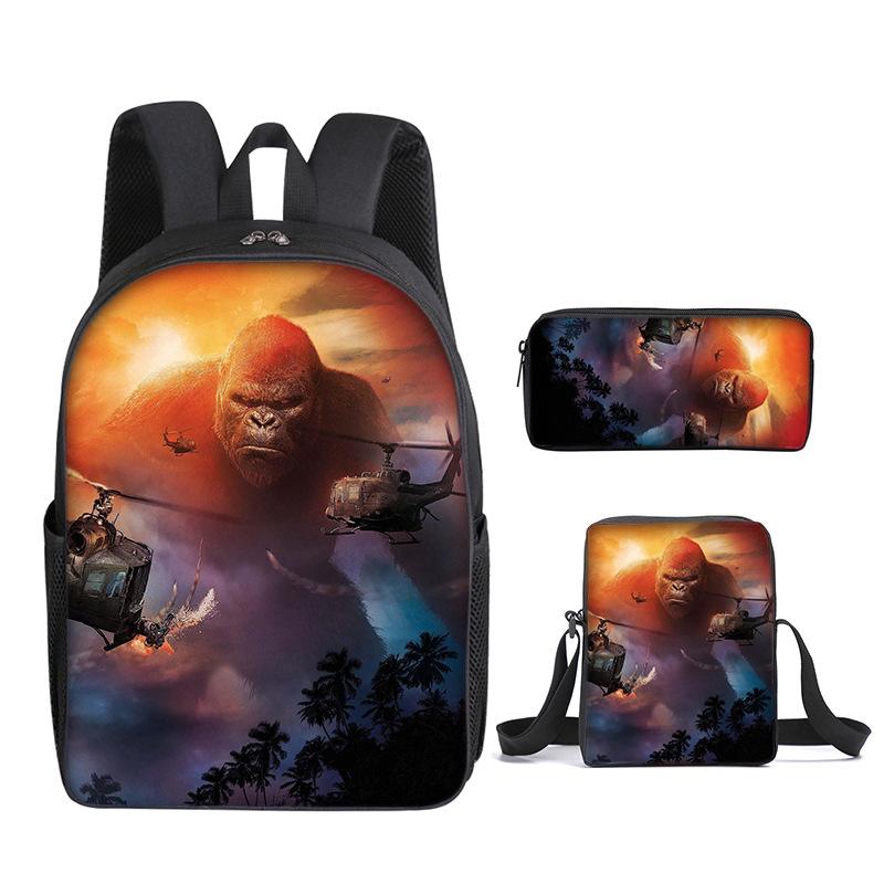2021 Godzilla Wars King Kong School Bag Three-Piece Combination Set Primary And Secondary School Students Printed Backpack Cartoon School Bag