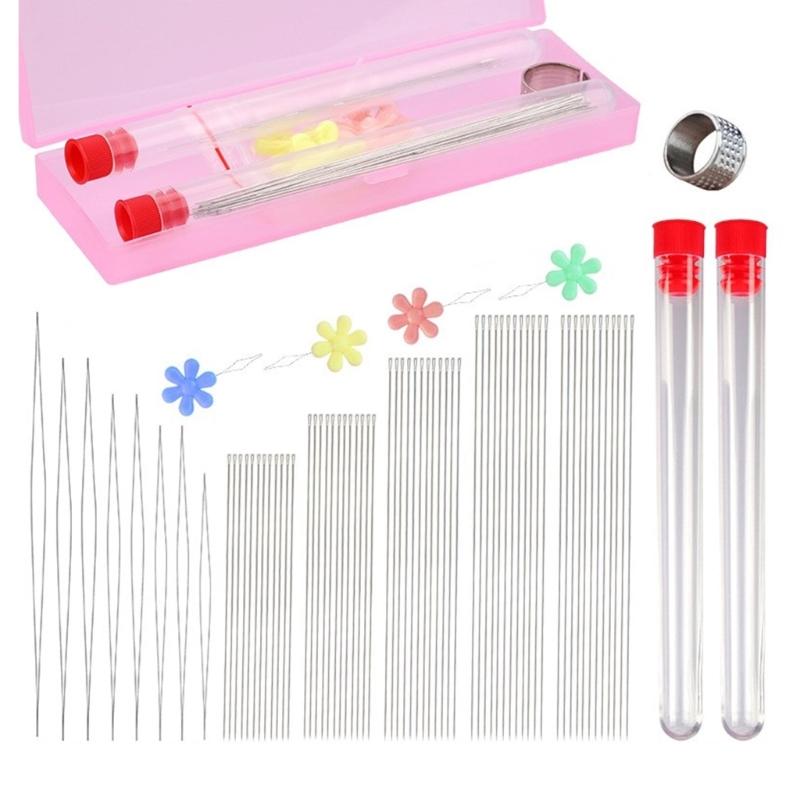Long Straight Beading Needle and Big Eye Beading Needle Set with Needle Bottle, Thimble, Threader for Jewelry Making