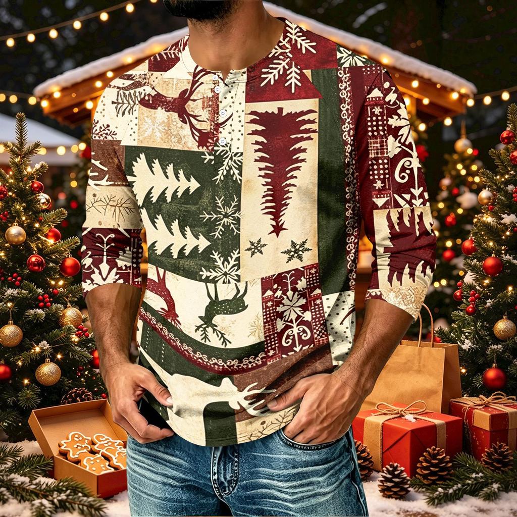Men's Casual Three-Quarter Sleeve Raglan Shirt with Christmas Print