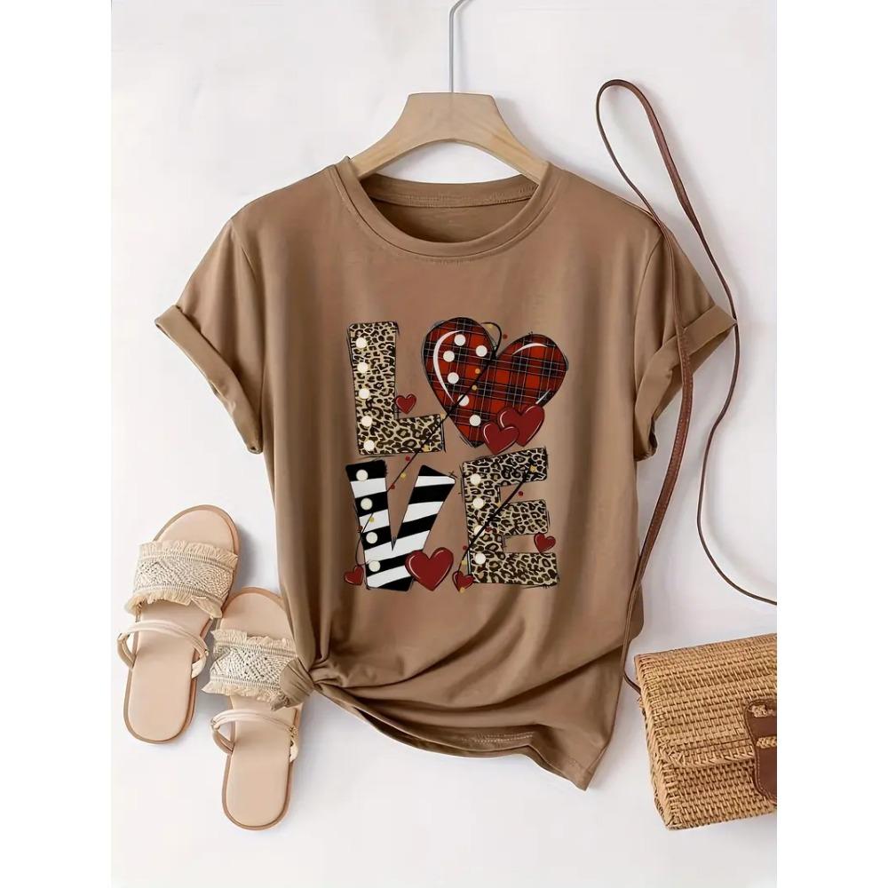Women's Valentine's Day Heart-shaped Printed T-shirt Round Neck Short Sleeved Shirt