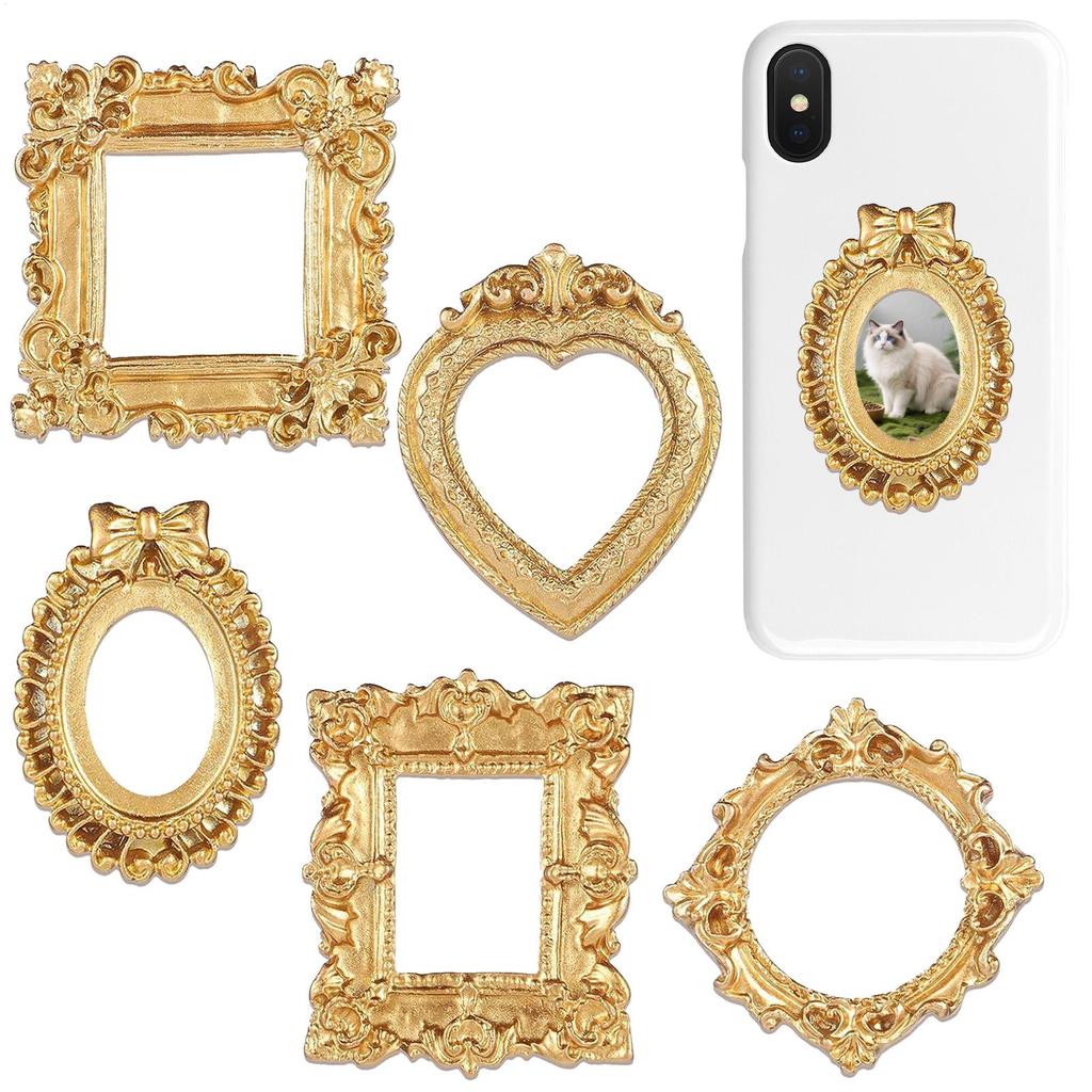 5Pcs Golden Retro Miniature Photo Frames Resin Mini Angel Oval Photo Frame Accessory Mini House Vintage Frame Decoration