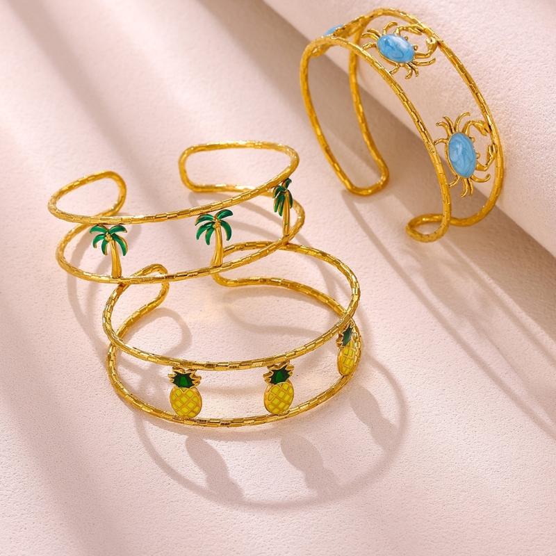 Open Cuff Bracelet Double Band Gold Tone Tropical Accessory for Vacation Outfits and Everyday Wrist Styling Mood