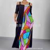 New Off-the-shoulder Color Geometric Printing Splicing Pocket Long Dress Large Size European and American Fashion