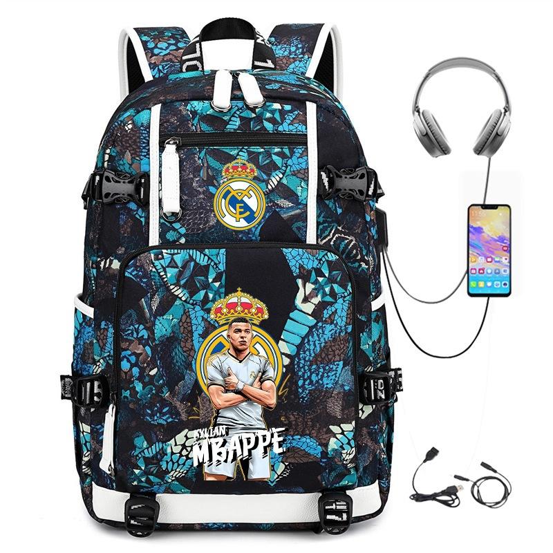 Camouflage Backpack Student Bookbag Multifunctional USB Charging Football Star Print Travel Daypack Lightweight Casual Men's Backpack