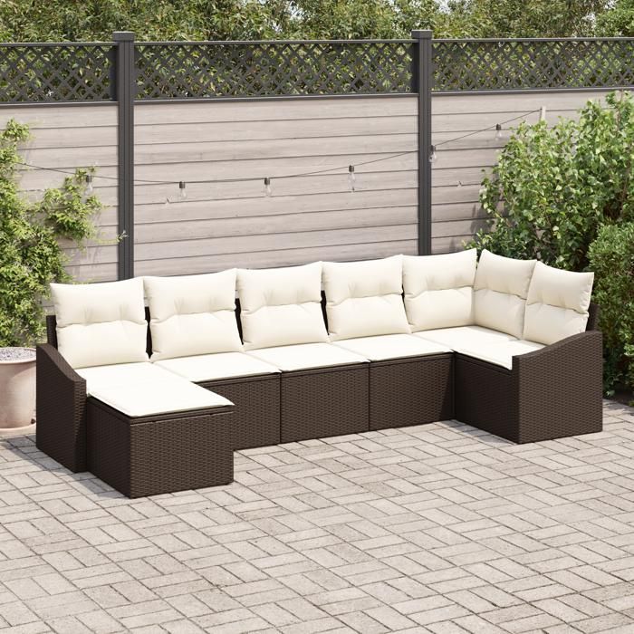 VidaXL Ensemble de Canapés de Jardin 7 Pièces avec Coussins Rattan Poly Marron 3346808