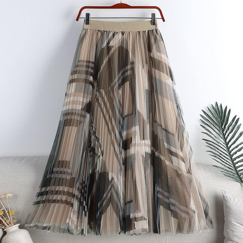 MOJTA Summer Women's Big Swing Skirt Mesh Printing Elastic Mid-length High Waist A-line Skirt