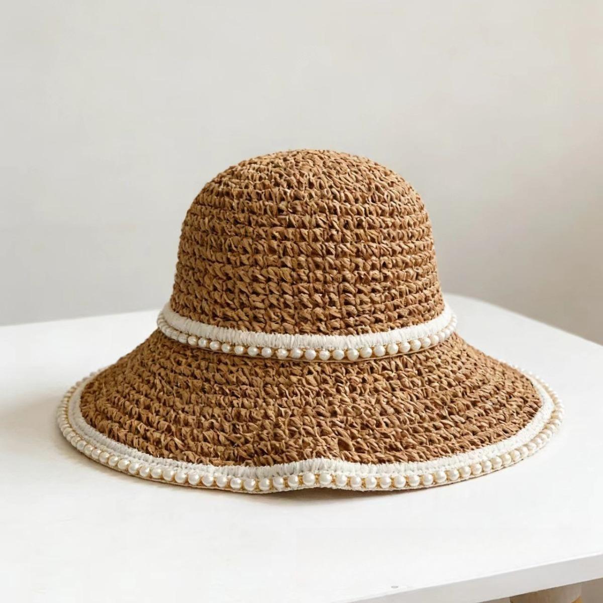 Ladies Hand Hook Double Layer Pearl Hollow Grass Hat For Summer Sunshade, Breathable Beach Sun Hat, Sunscreen Fisherman S Hat хаки