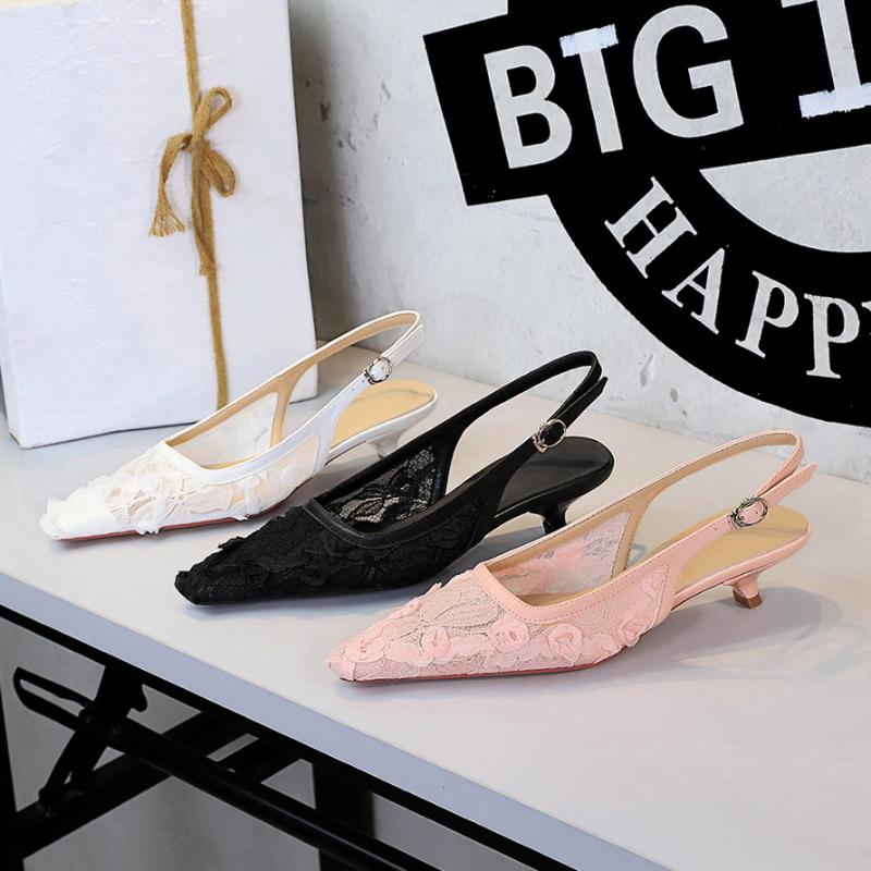 European Lace Mesh Thin Heel Low Heel Single Shoes For Women With One-Liner Straps To Cover The Head Hollow Pointy Women's Shoes