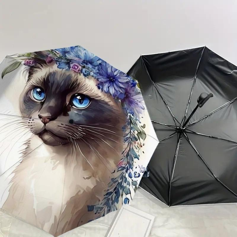 1pc Floral Cat Portrait Umbrella with Plastic Handle,Suitable for All Seasons Home Travel Outdoor UmbrellaDD415