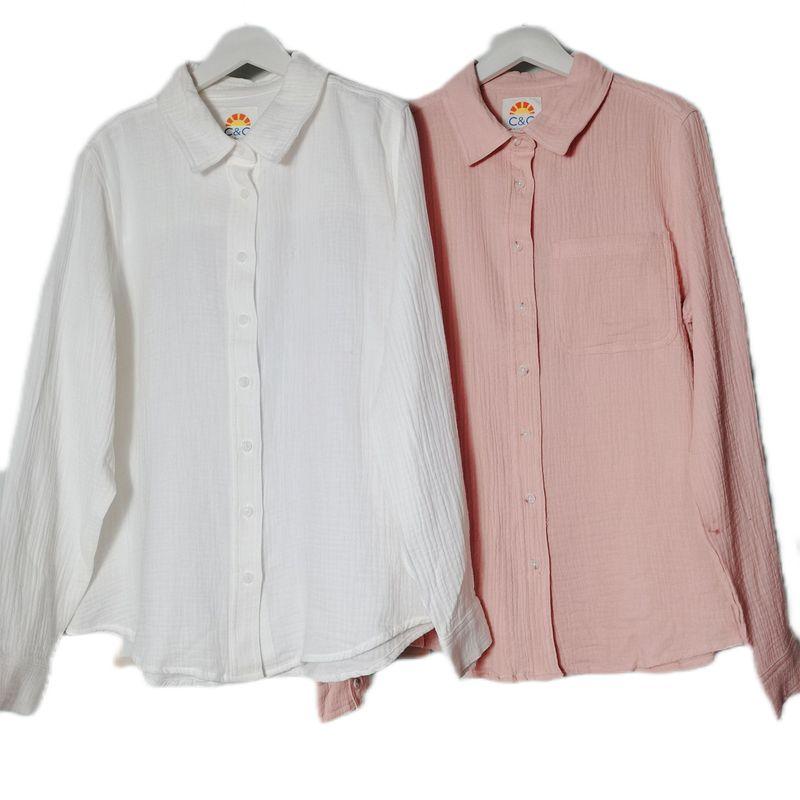 Export Original Order Exported To Italy Pure Cotton Double-Layer Gauze Washed Fabric Long Sleeves White Shirt Women's Basic Stylish