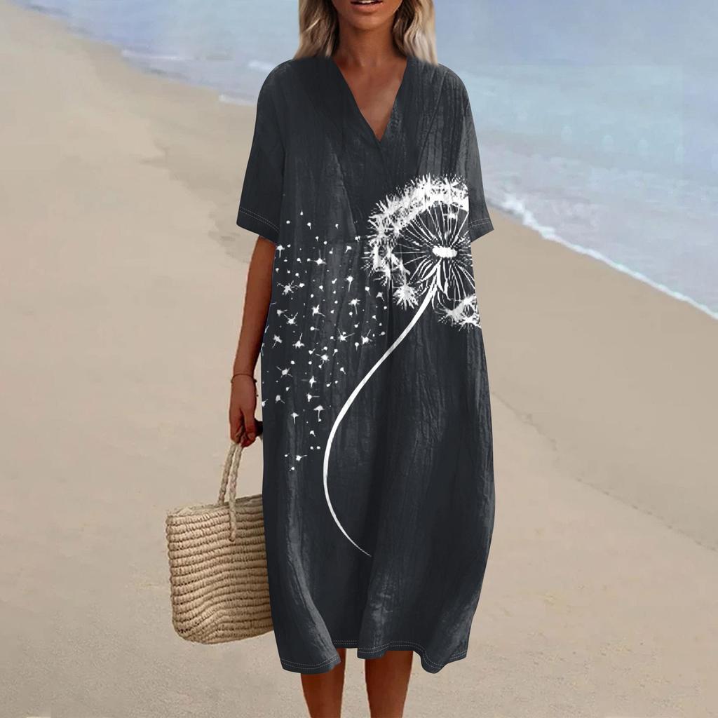 Damen Locker Lässig Mode V-Ausschnitt Bedrucktes Kleid Strandrock