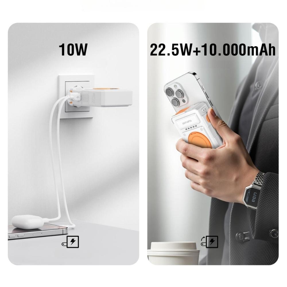4smarts 6-in-1 USB-C/USB-A PD 22.5W Hybrid Charger with 10,000 mAh Powerbank, Qi Inductive Charging, USB-C Cable, White
