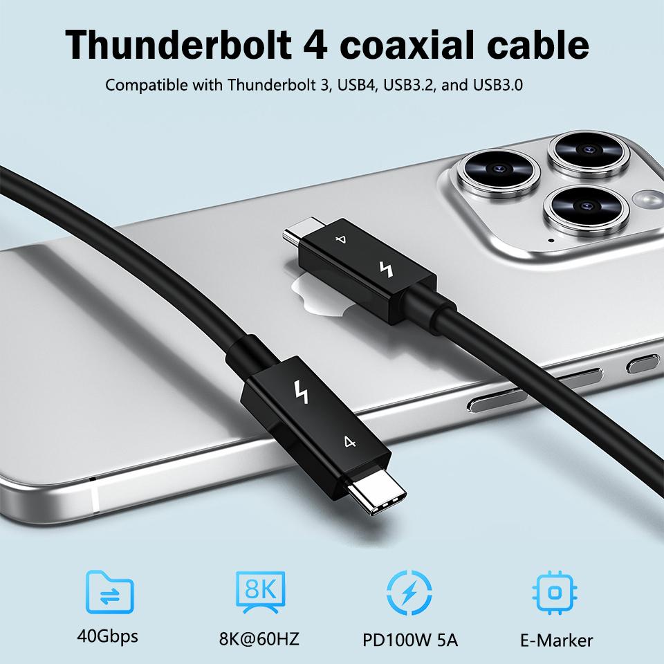 100w coaxial cable Thunderbolt 4 Type C Egpu Cable 2m Thunderbolt3 Data Transfer USB 4 Cable 8K 60HZ for Macbook LG Dell