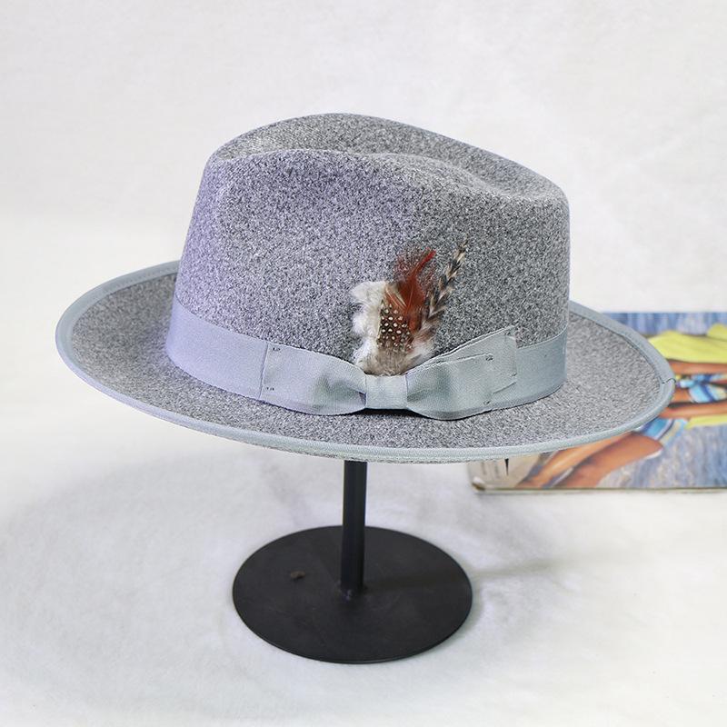 2023 Sombrero Fedora de Lana Sintética para Hombre Mujer Ala Ancha Accesorios de Lazo Pluma Otoño Invierno Caballero Sombrero Panamá Jazz