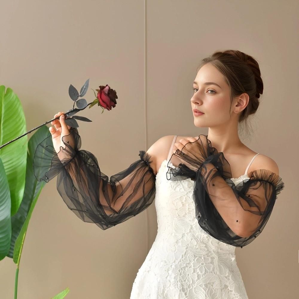 Decorative with Pearl Bridal Sleeves Wedding Dress Elastic Cuff Wedding Arm Sleeves Puffy Tulle Sleeve Party
