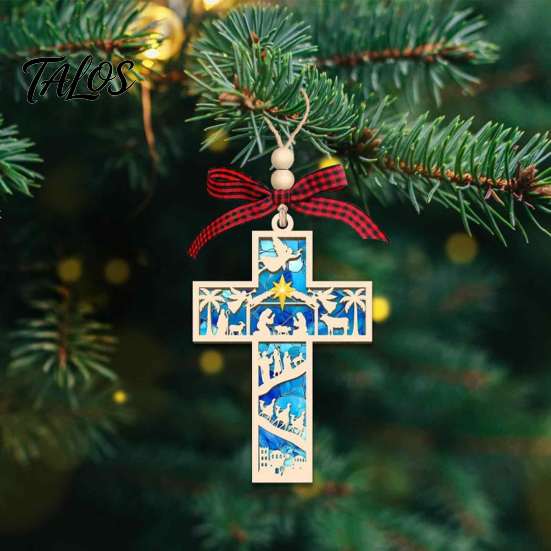 Unique Gift for Book Worms Christmas Wooden Hollowed Pendant, Cross/Christmas Tree Hanging Ornament, Decorative Rustic Wood Ornament Plaid Bow