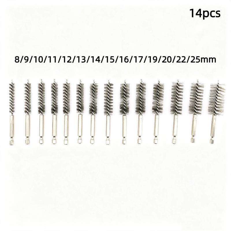 6/8/10/12/14Pcs 8-19Mm Stainless Steel Pipe Cleaning Brush 1/4 Hexagonal Wire Brush For Electric Drill Cleaning Tool