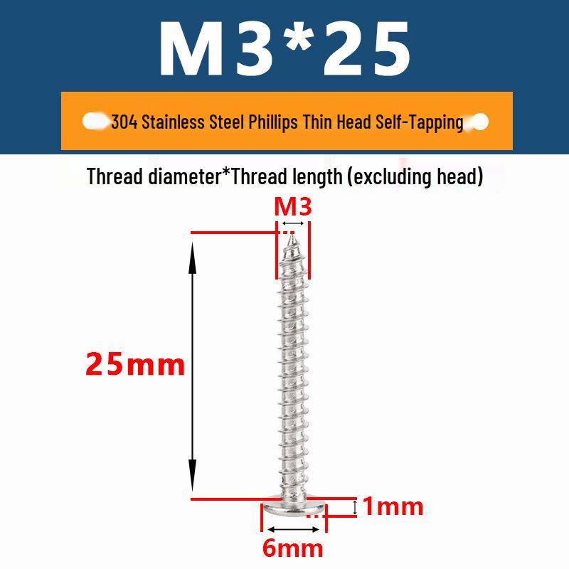 Yigu 304 Stainless Steel Phillips Thin Flat Head Self-Tapping Screw M2-M8, Countersunk Pointed Tail