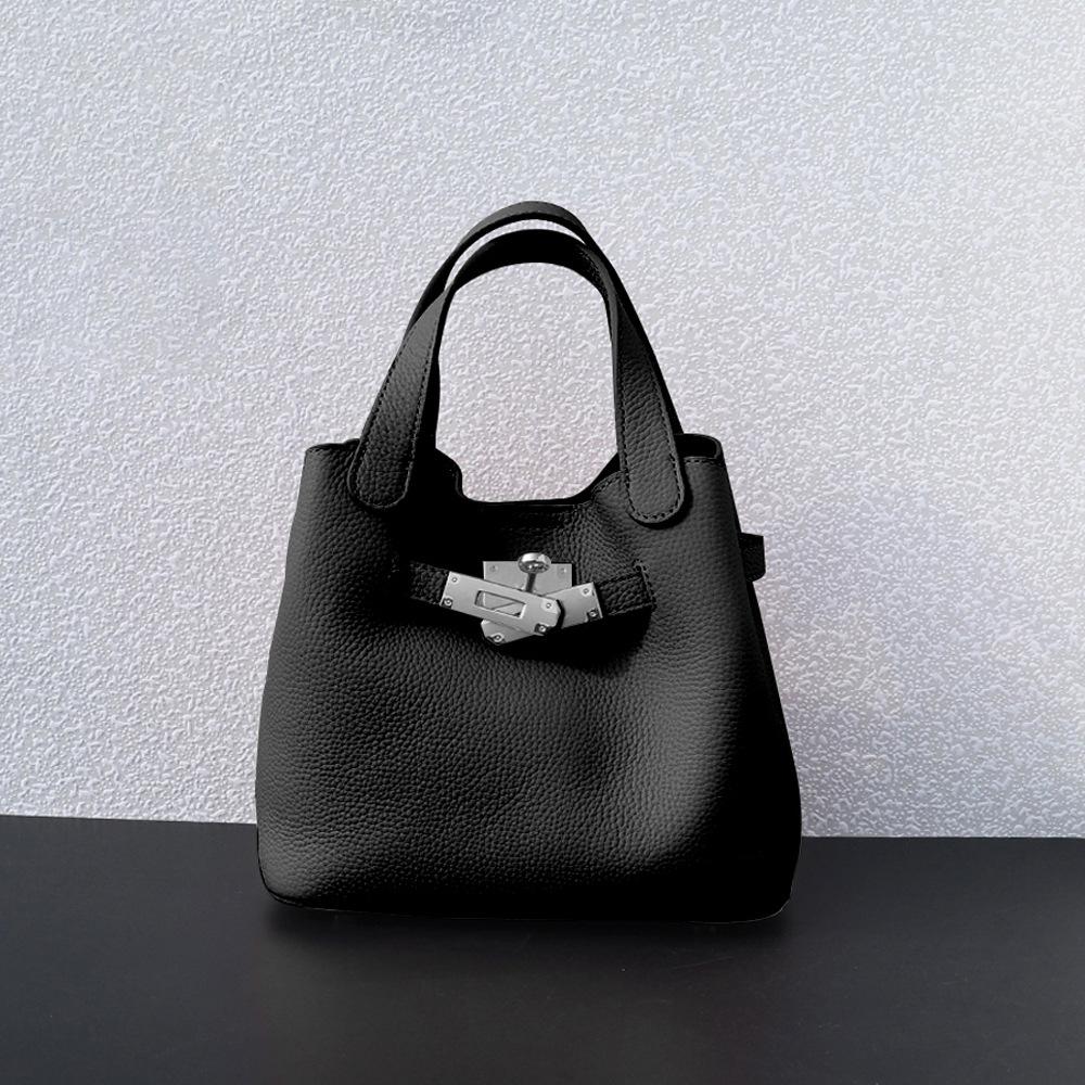Top layer cowhide handbag genuine leather lychee pattern vegetable basket bag simple and lightweight versatile shoulder bag women's bag