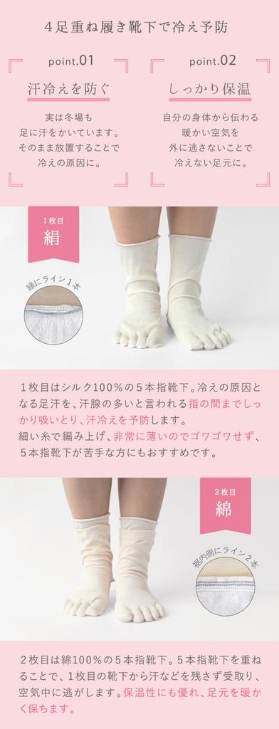 Kinuya Layered Silk and Cotton Sizes Silk and Made in Japan 4-Pair Socks, Silver, Women's, 22.5cm-24.5cm, SO4758, Cold-Relieving Socks, Cotton,